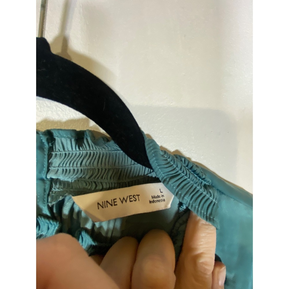 Nine West Teal Smocked Peplum Blouse L Balloon Sleeve Cottagecore Modest - Picture 5 of 7